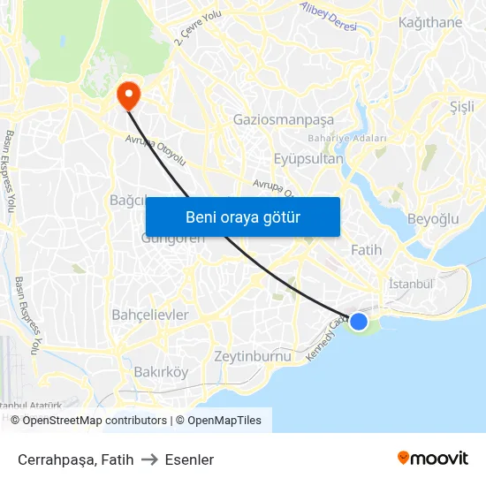 Cerrahpaşa, Fatih to Esenler map