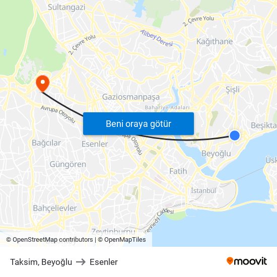 Taksim, Beyoğlu to Esenler map