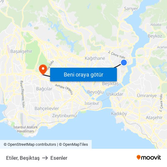 Etiler, Beşiktaş to Esenler map