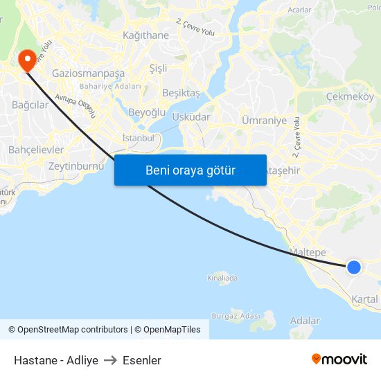 Hastane - Adliye to Esenler map