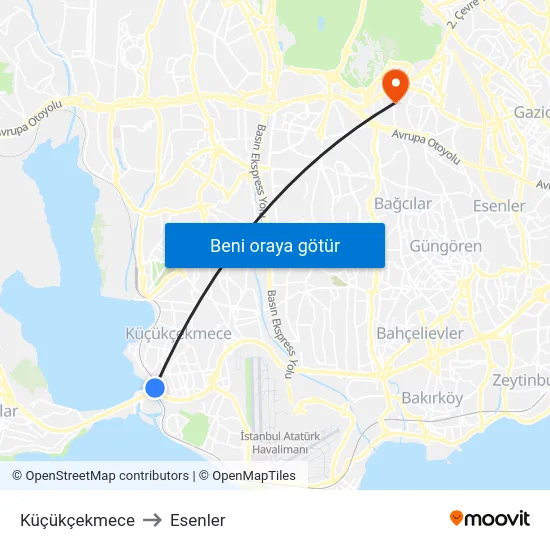 Küçükçekmece to Esenler map