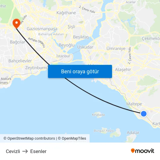 Cevizli to Esenler map