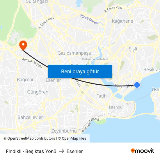 Fındıklı - Beşiktaş Yönü to Esenler map
