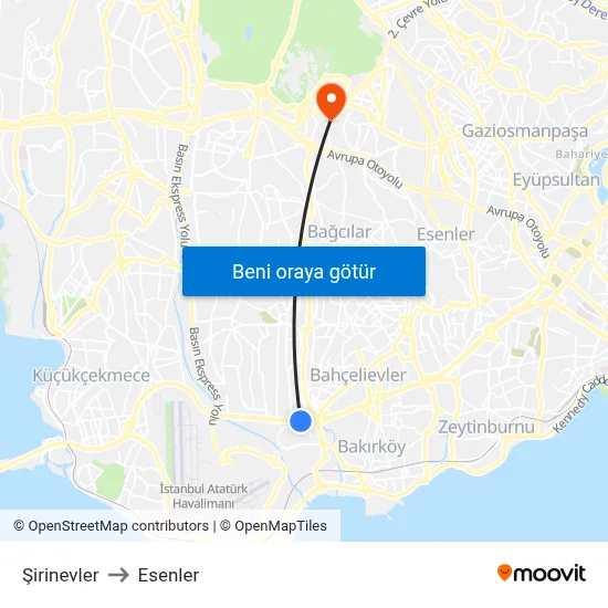 Şirinevler to Esenler map