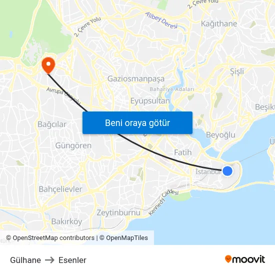 Gülhane to Esenler map