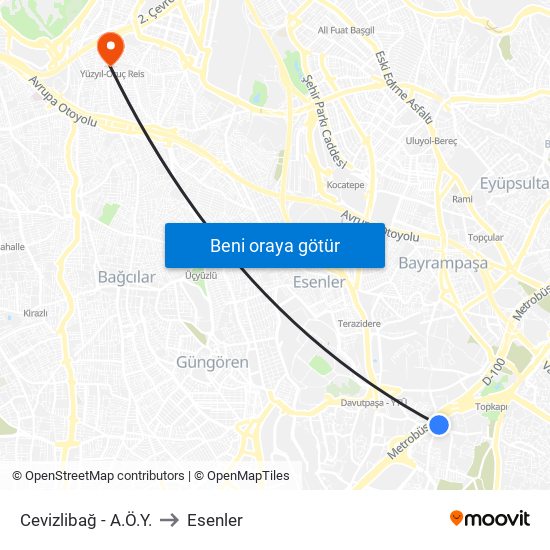 Cevizlibağ - A.Ö.Y. to Esenler map