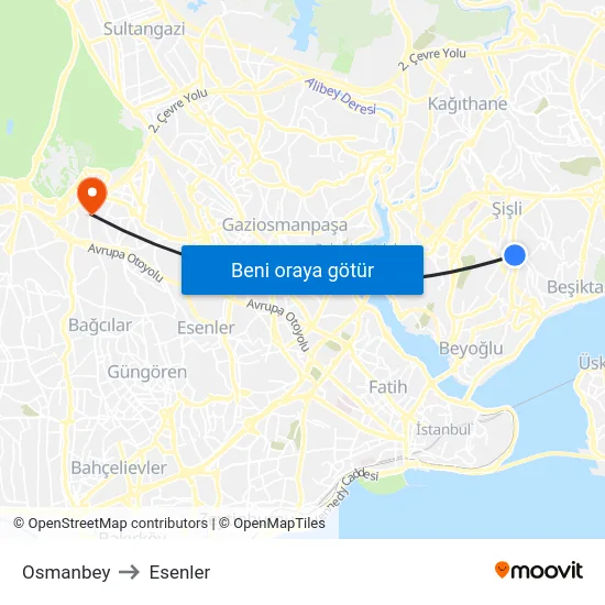 Osmanbey to Esenler map