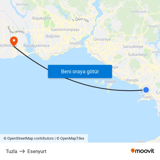 Tuzla to Esenyurt map