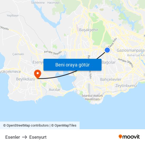 Esenler to Esenyurt map