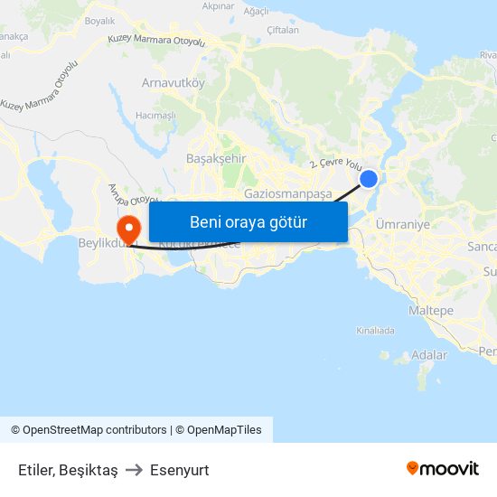 Etiler, Beşiktaş to Esenyurt map