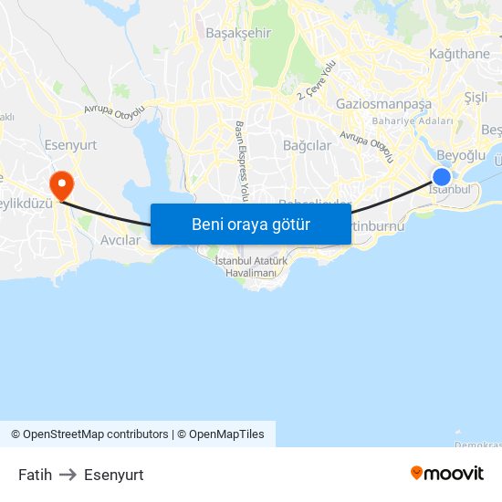 Fatih to Esenyurt map