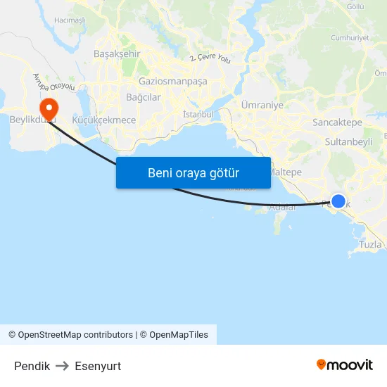 Pendik to Esenyurt map