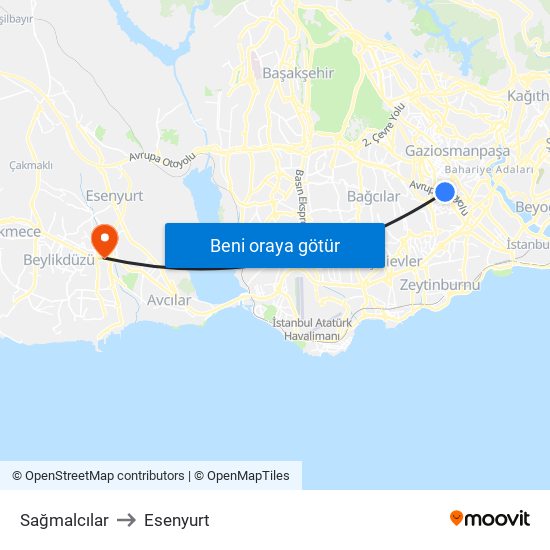 Sağmalcılar to Esenyurt map