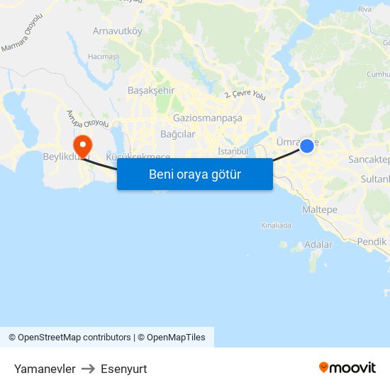 Yamanevler to Esenyurt map