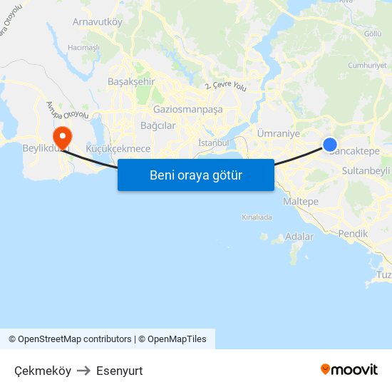 Çekmeköy to Esenyurt map