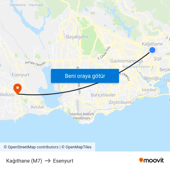 Kağıthane (M7) to Esenyurt map
