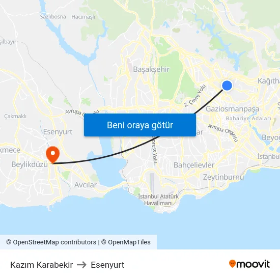 Kazım Karabekir to Esenyurt map