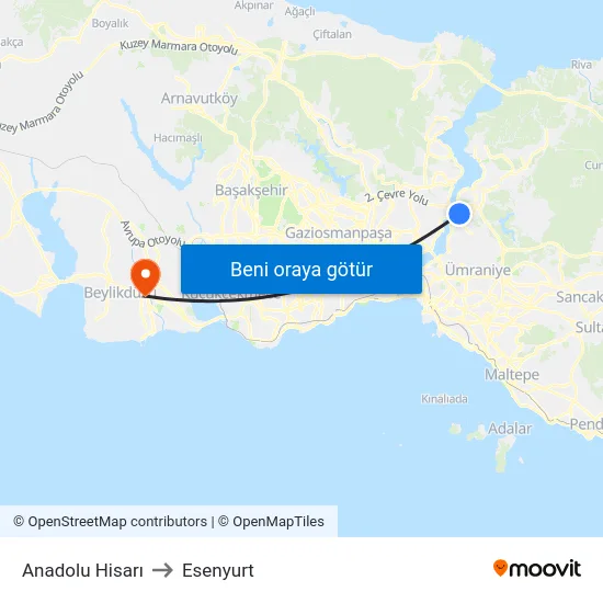 Anadolu Hisarı to Esenyurt map