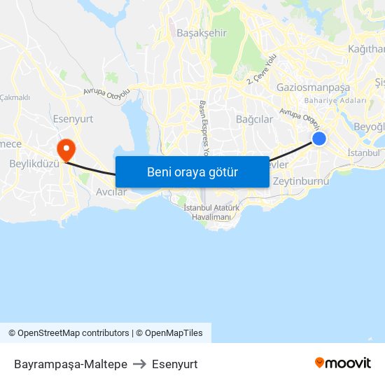 Bayrampaşa-Maltepe to Esenyurt map