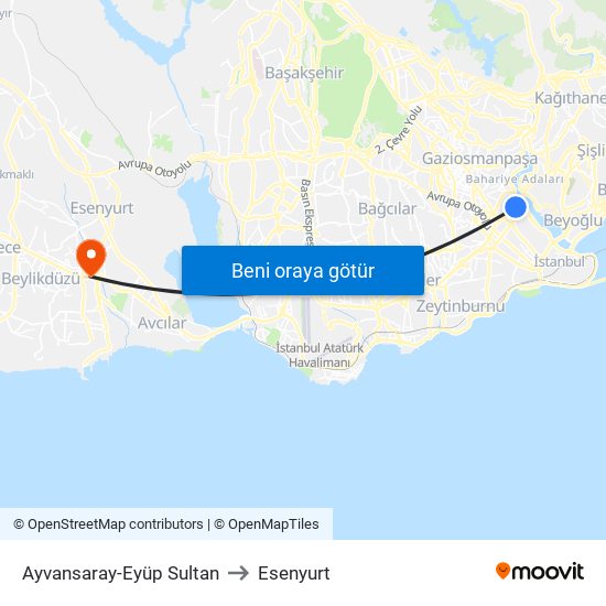 Ayvansaray-Eyüp Sultan to Esenyurt map