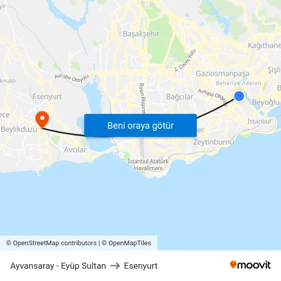 Ayvansaray - Eyüp Sultan to Esenyurt map
