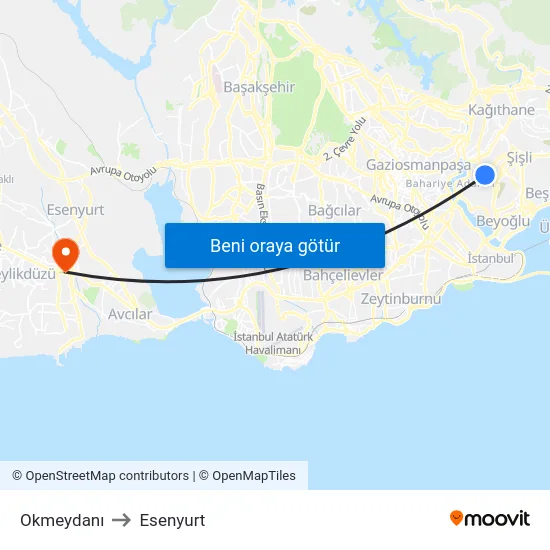 Okmeydanı to Esenyurt map