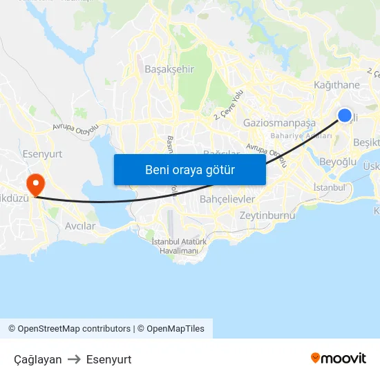 Çağlayan to Esenyurt map
