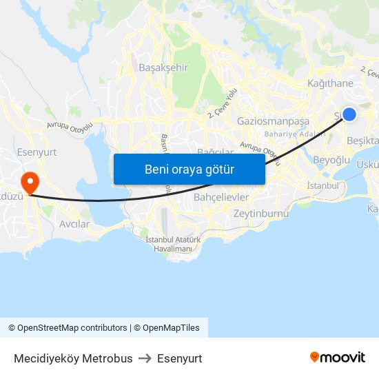 Mecidiyeköy Metrobus to Esenyurt map