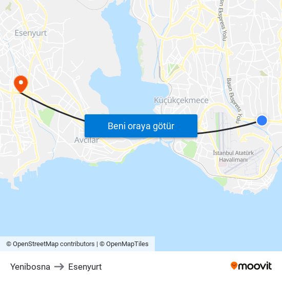 Yenibosna to Esenyurt map