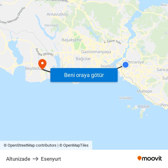 Altunizade to Esenyurt map