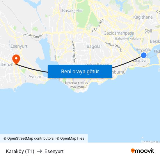 Karaköy (T1) to Esenyurt map