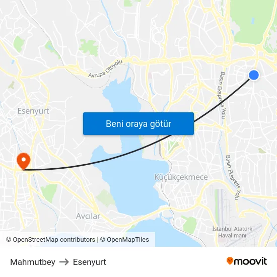 Mahmutbey to Esenyurt map
