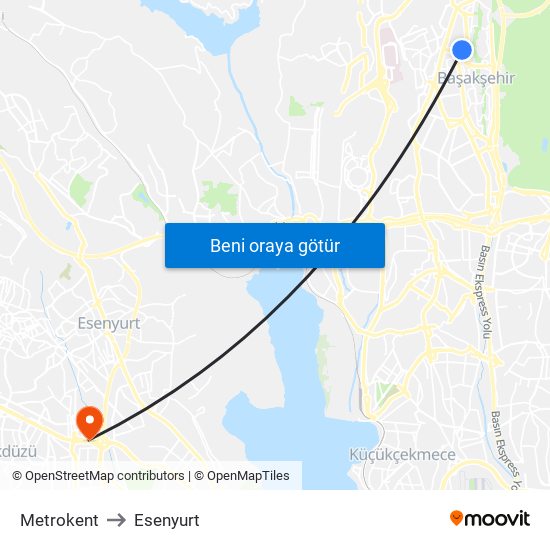 Metrokent to Esenyurt map