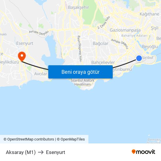 Aksaray (M1) to Esenyurt map