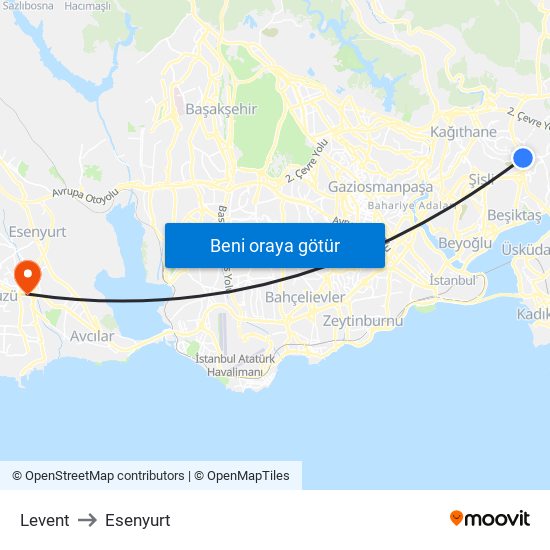 Levent to Esenyurt map