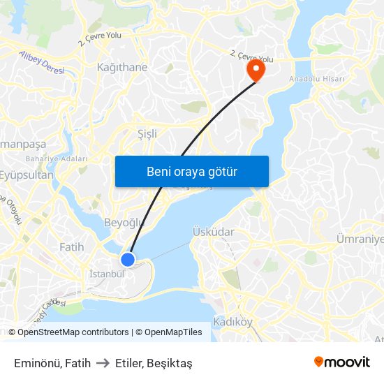 Eminönü, Fatih to Etiler, Beşiktaş map