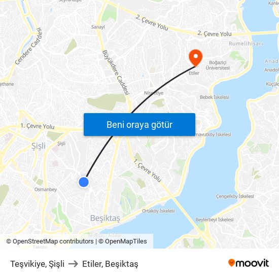 Teşvikiye, Şişli to Etiler, Beşiktaş map