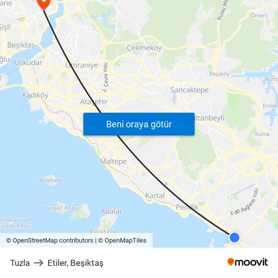 Tuzla to Etiler, Beşiktaş map