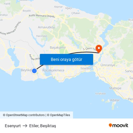 Esenyurt to Etiler, Beşiktaş map