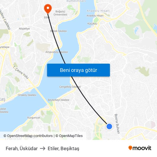 Ferah, Üsküdar to Etiler, Beşiktaş map