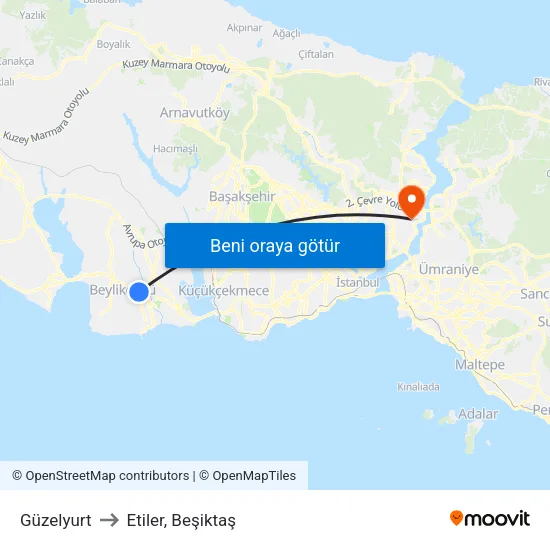 Güzelyurt to Etiler, Beşiktaş map