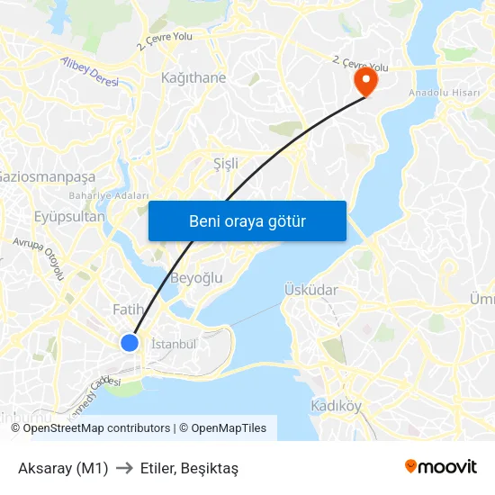 Aksaray (M1) to Etiler, Beşiktaş map