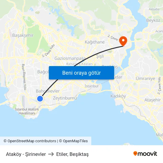 Ataköy - Şirinevler to Etiler, Beşiktaş map