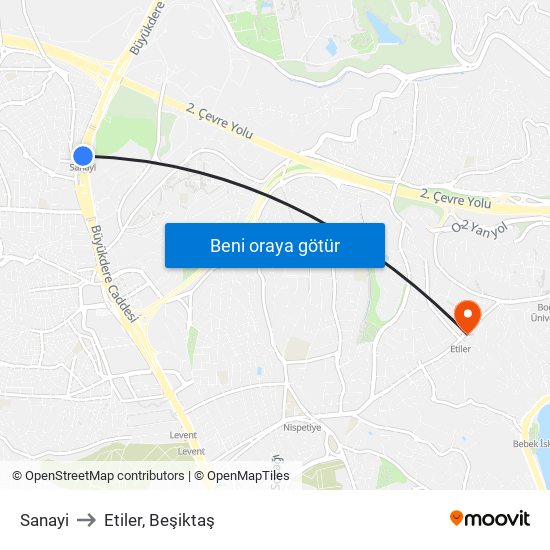 Sanayi to Etiler, Beşiktaş map