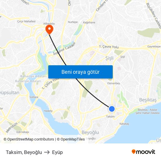 Taksim, Beyoğlu to Eyüp map