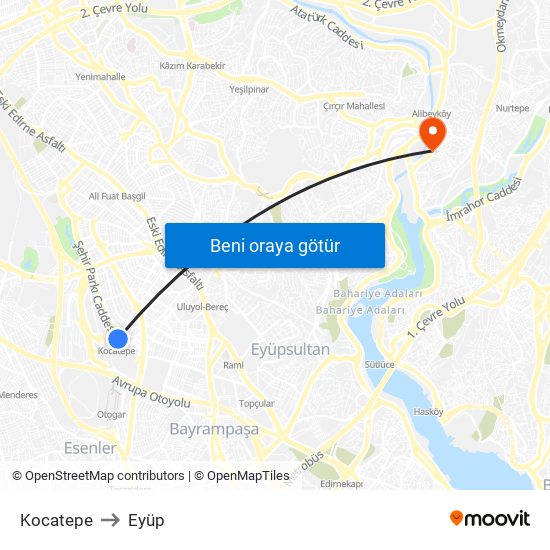Kocatepe to Eyüp map