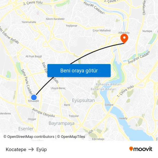 Kocatepe to Eyüp map