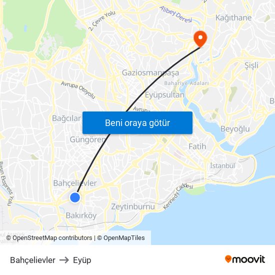Bahçelievler to Eyüp map