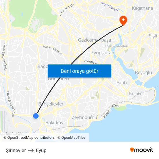 Şirinevler to Eyüp map
