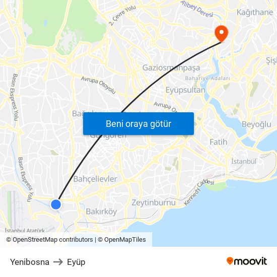 Yenibosna to Eyüp map